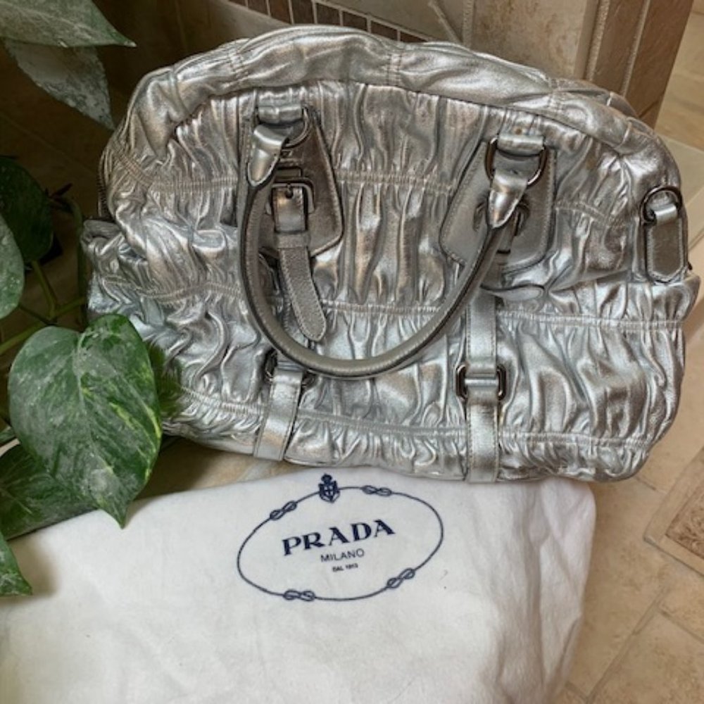 PRADA Nappa Leather Gaufre Argento Tote Bag in Silver Ruched Leather